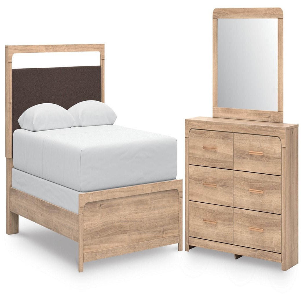 Kinlanni Queen Upholstered Panel Bed, Dresser and Mirror (PCB1360-SI)