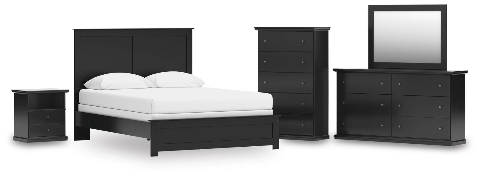 Maribel Panel Bed, Dresser, Mirror, Chest and Nightstand - Black (B138-SI)