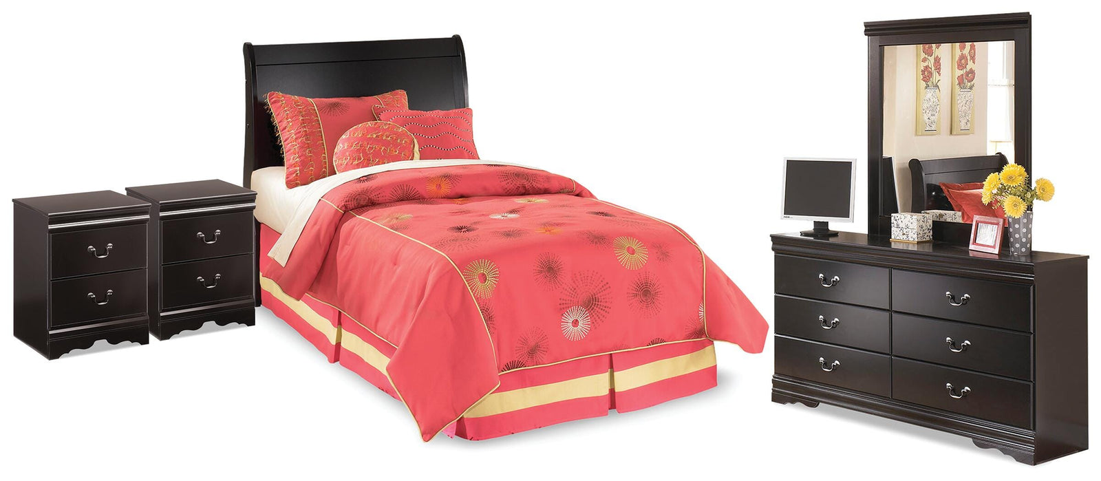 Huey Vineyard Sleigh Headboard, Dresser, Mirror and 2 Nightstands - Black (B128-SI)