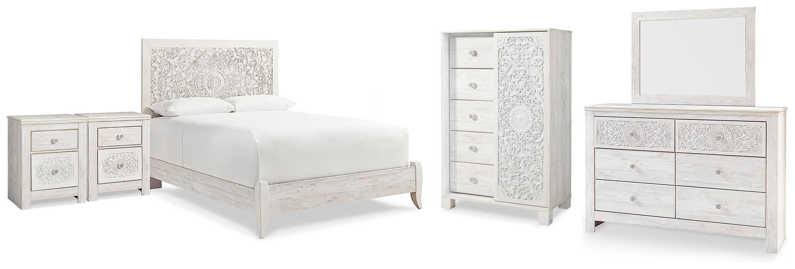 Paxberry Panel Bed, Dresser, Mirror, Chest and 2 Nightstands - Whitewash (B181-SI)