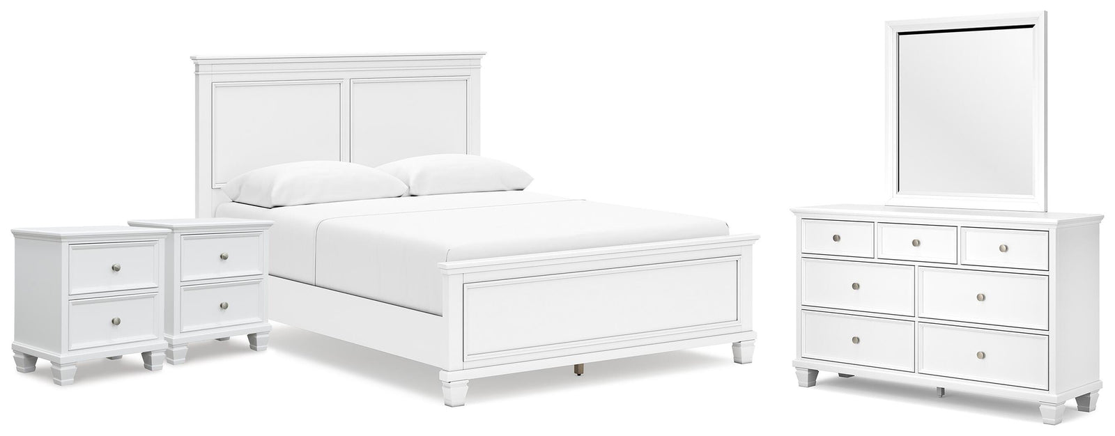 Fortman Panel Bed, Dresser, Mirror and 2 Nightstands - White (B680-SI)