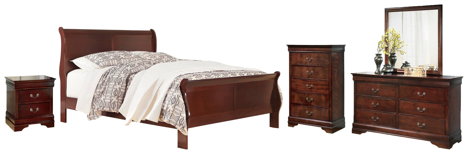 Alisdair Sleigh Bed, Dresser, Mirror and Nightstand - Reddish Brown (B376-SI)