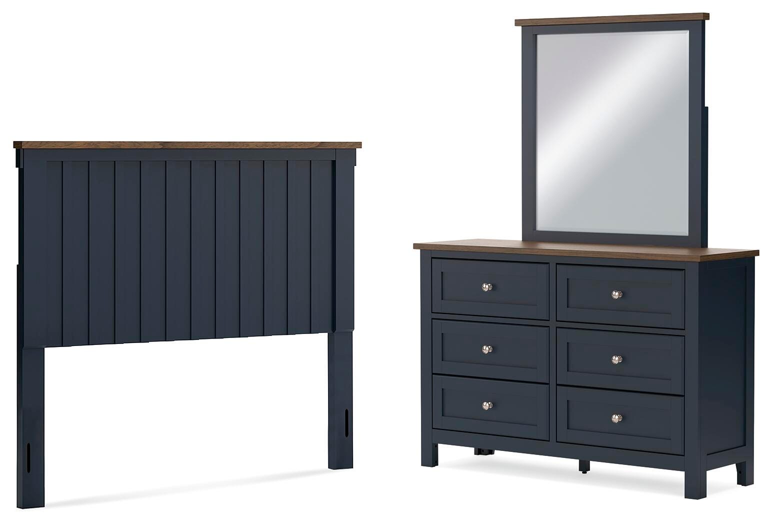 Landocken Panel Headboard, Dresser and Mirror - Brown/Blue (B414-SI)