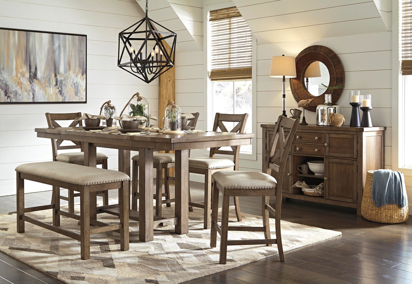Moriville Counter Height Dining Table with 4 Barstools, Bench, and Server (D631-SI) - Image 5