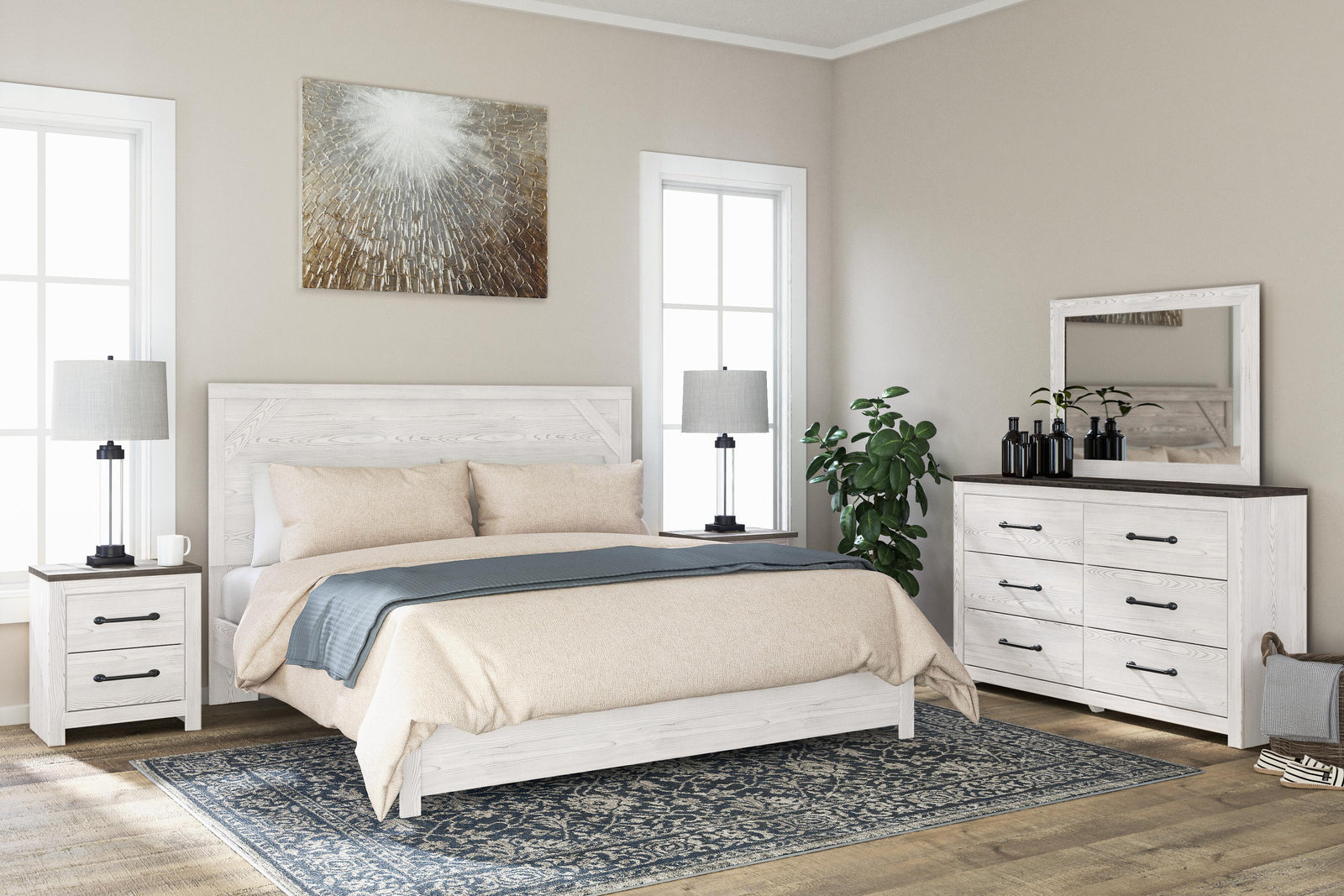 Gerridan Panel Bed, Dresser, Mirror and 2 Nightstands - White/Gray (B1190-SI) - Image 11