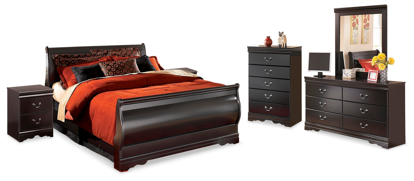 Huey Vineyard Sleigh Bed, Dresser, Mirror, Chest, and 2 Nightstands - Black (B128-SI) - Image 2