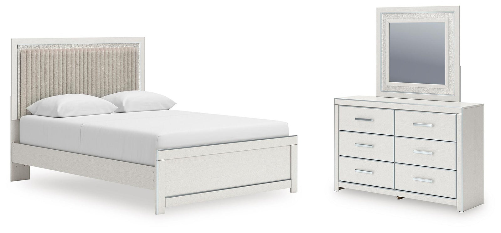 Zuraleus Queen Upholstered Panel Platform Bed, Dresser and Mirror (PCB3381-SI)