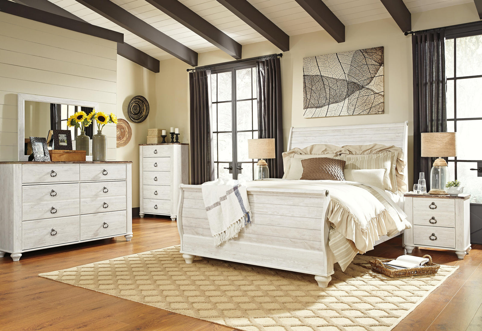 Willowton Sleigh Bed, 2 Dressers, Mirror, Chest and 2 Nightstands - Whitewash (B267-SI) - Image 6