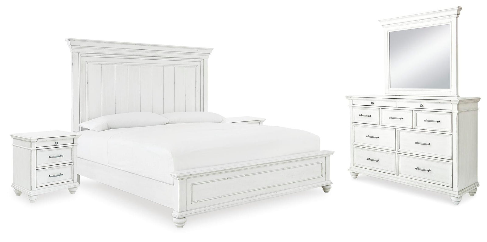 Kanwyn Panel Bed, Dresser, Mirror and 2 Nightstands - Whitewash (B777-SI)