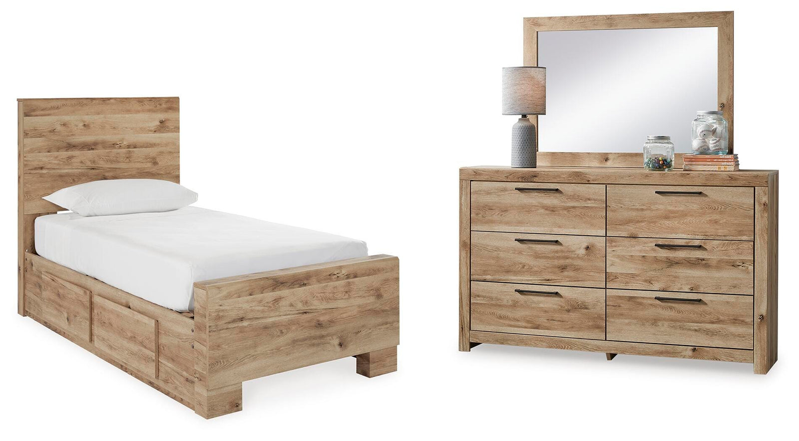Hyanna Panel Bed with 2 Side Storage, Dresser and Mirror - Tan Brown (B1050-SI)