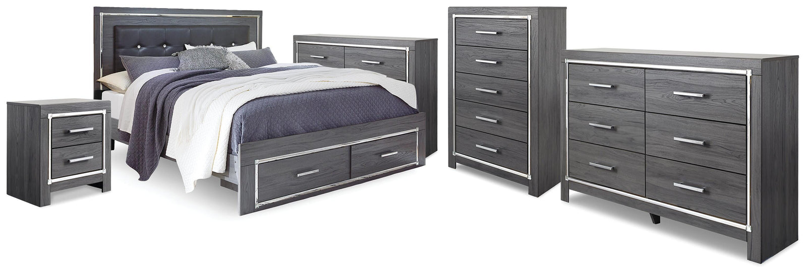 Lodanna Storage Bed, 2 Dressers, Cheat and Nightstand - Gray (B214-SI)