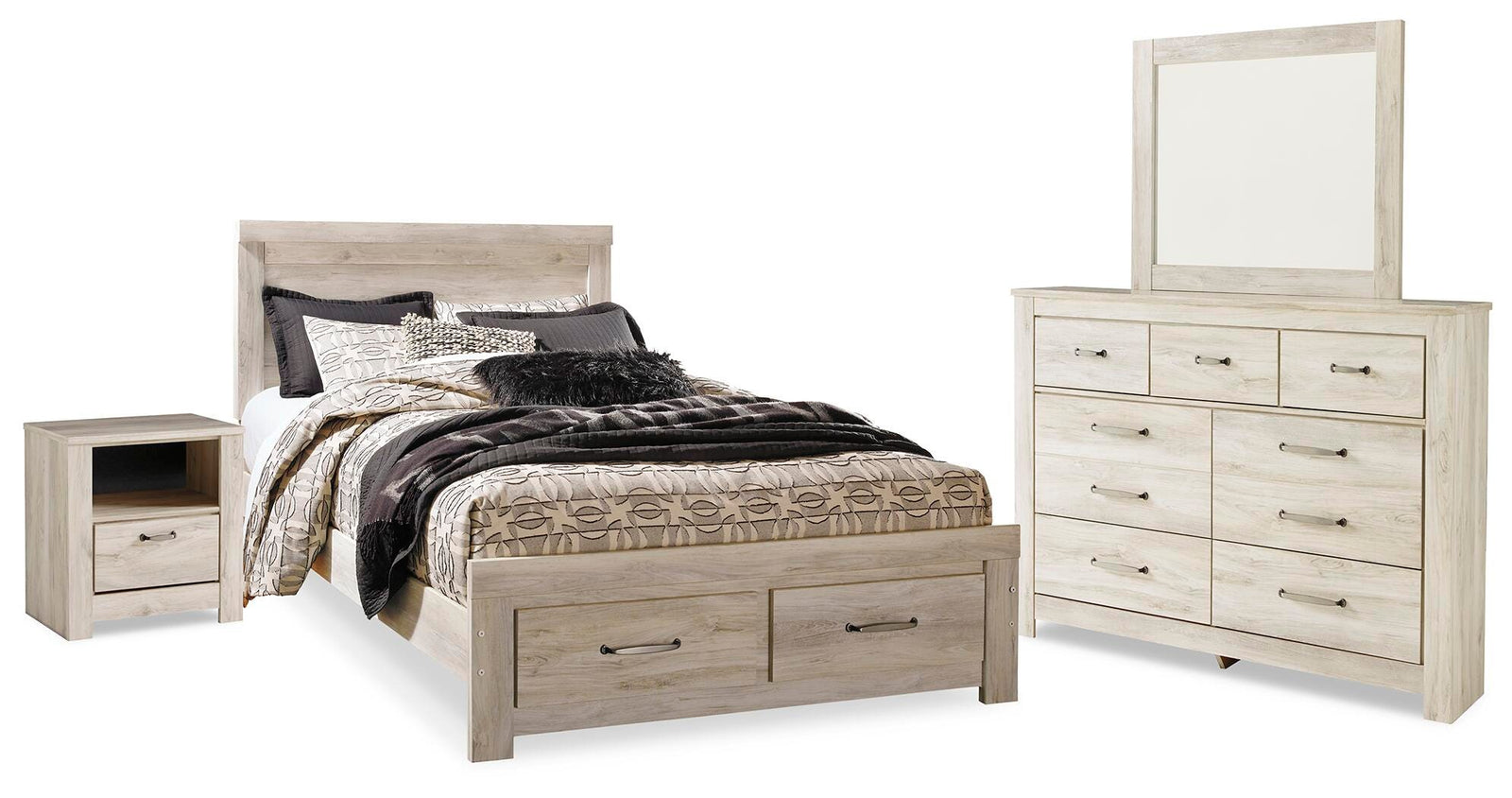 Bellaby Panel Storage Bed, Dresser, Mirror and Nightstand - Whitewash (B331-SI)