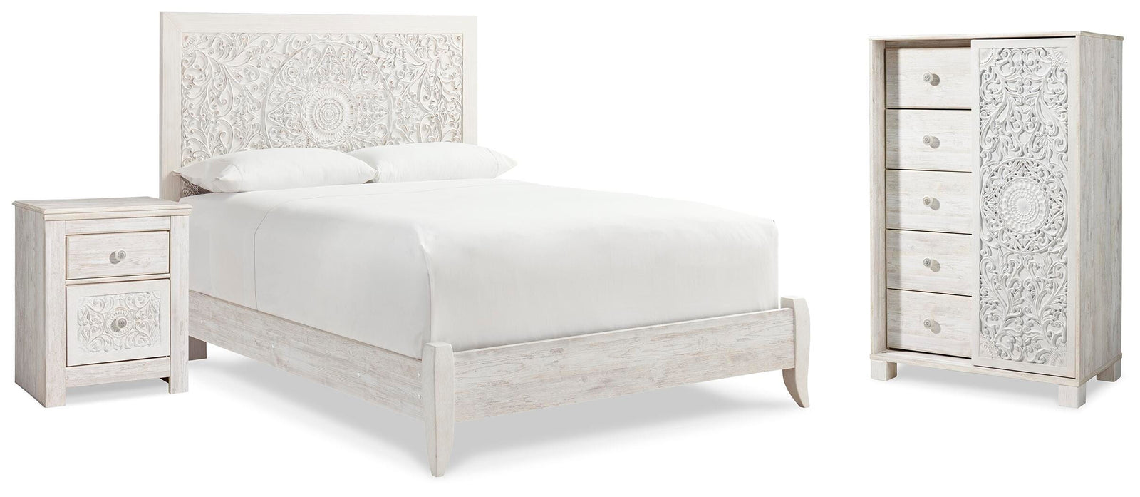 Paxberry Panel Bed, Chest and Nightstand - Whitewash (B181-SI)