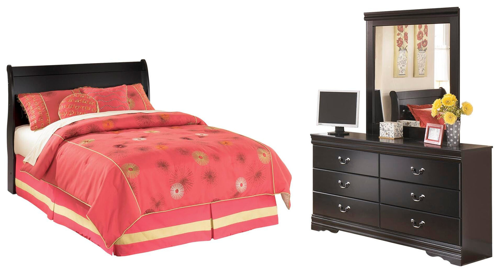 Huey Vineyard Sleigh Headboard, Dresser and Mirror - Black (B128-SI)