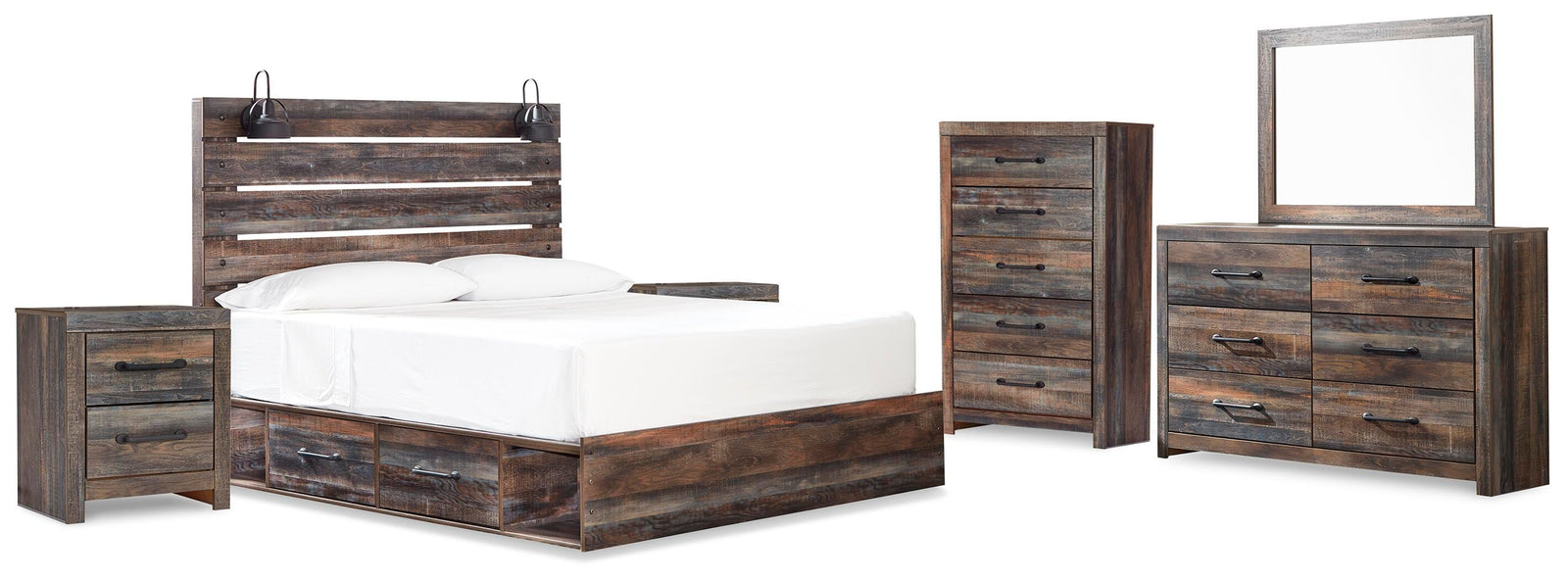 Drystan Panel Bed with Storage, Dresser, Mirror, Chest and 2 Nightstands - Multi (B211-SI)