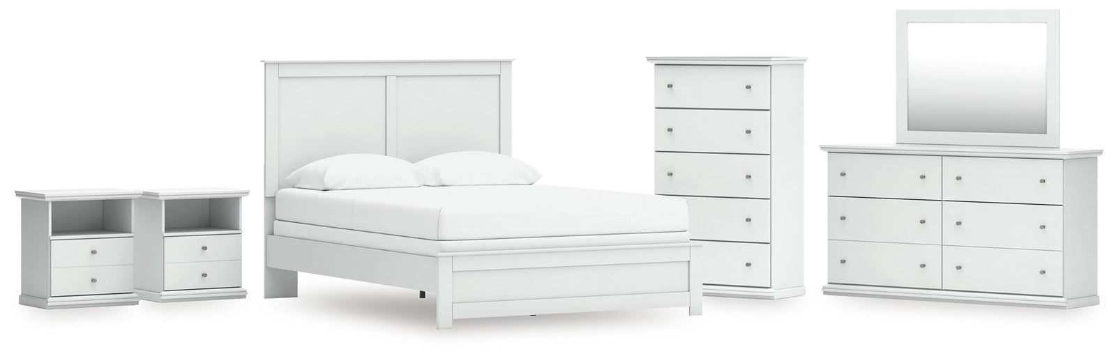 Bostwick Shoals Panel Bed with Mirrored Dresser, Chest and 2 Nightstands - White (B139-SI)