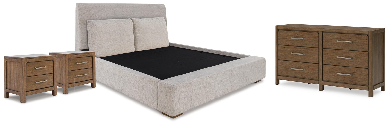 Cabalynn Upholstered Bed, Dresser and 2 Nightstands - Light Brown (B974-SI)