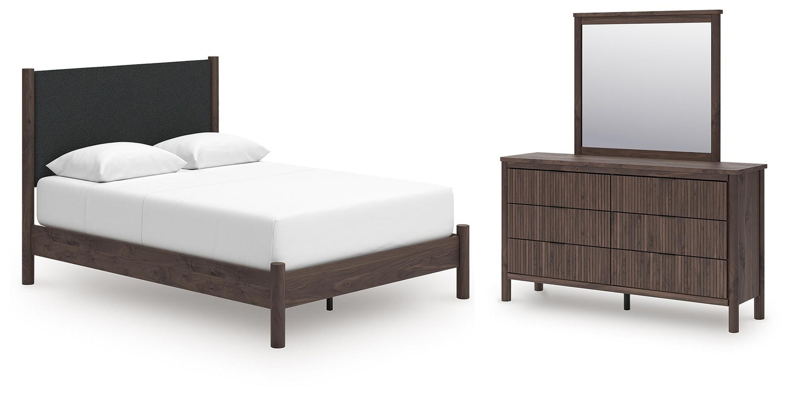 Pamytta Queen Upholstered Platform Bed, Dresser and Mirror (PCB2614-SI)