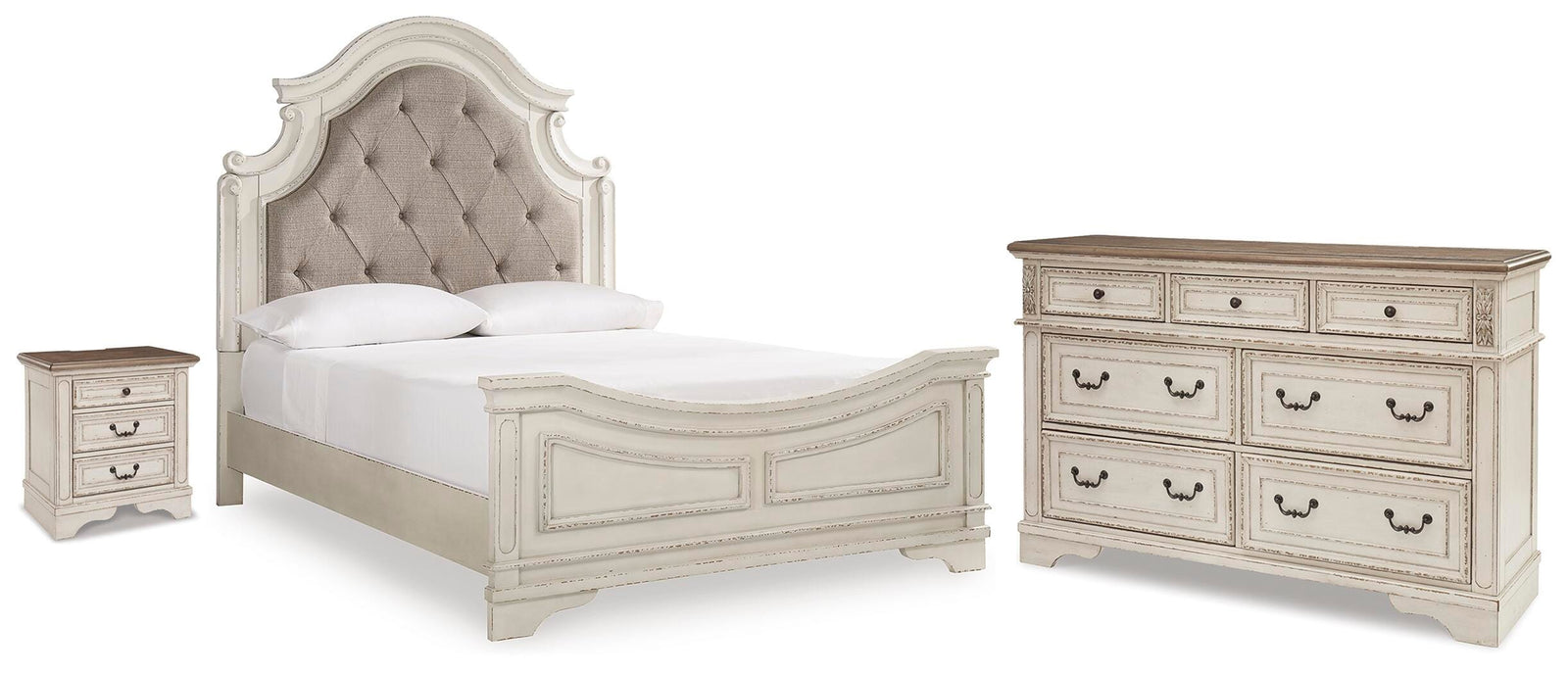Realyn Upholstered Panel Bed, Dresser and Nightstand (B743-SI)