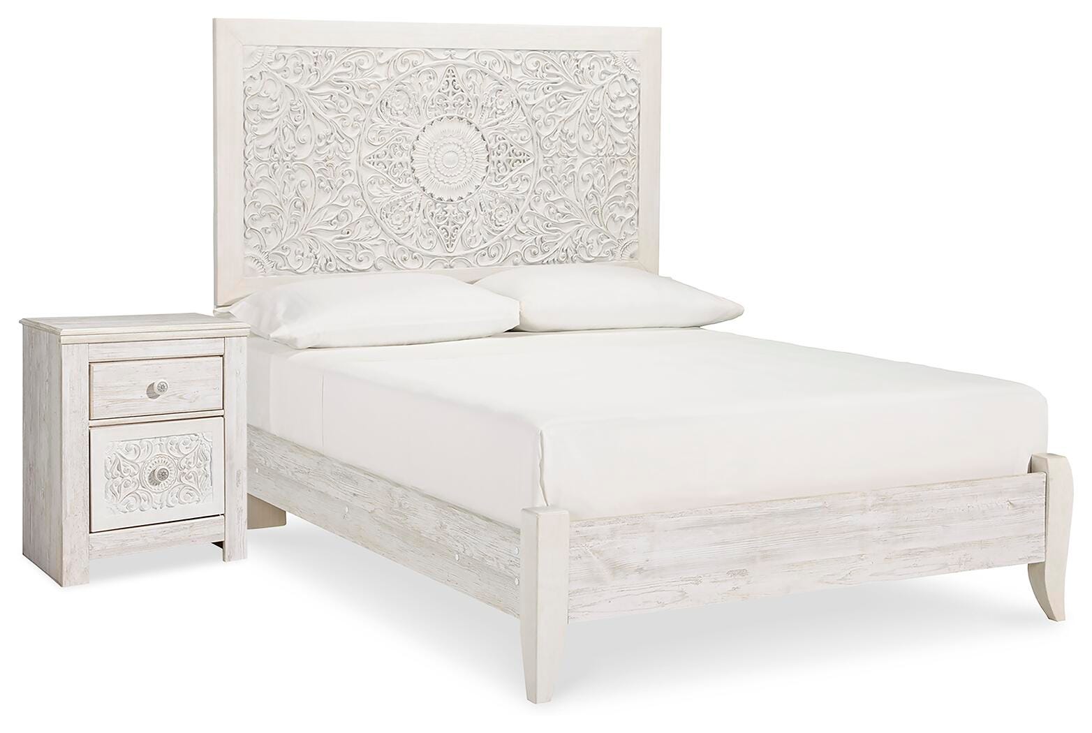 Paxberry Panel Bed and Nightstand - Whitewash (B181-SI)