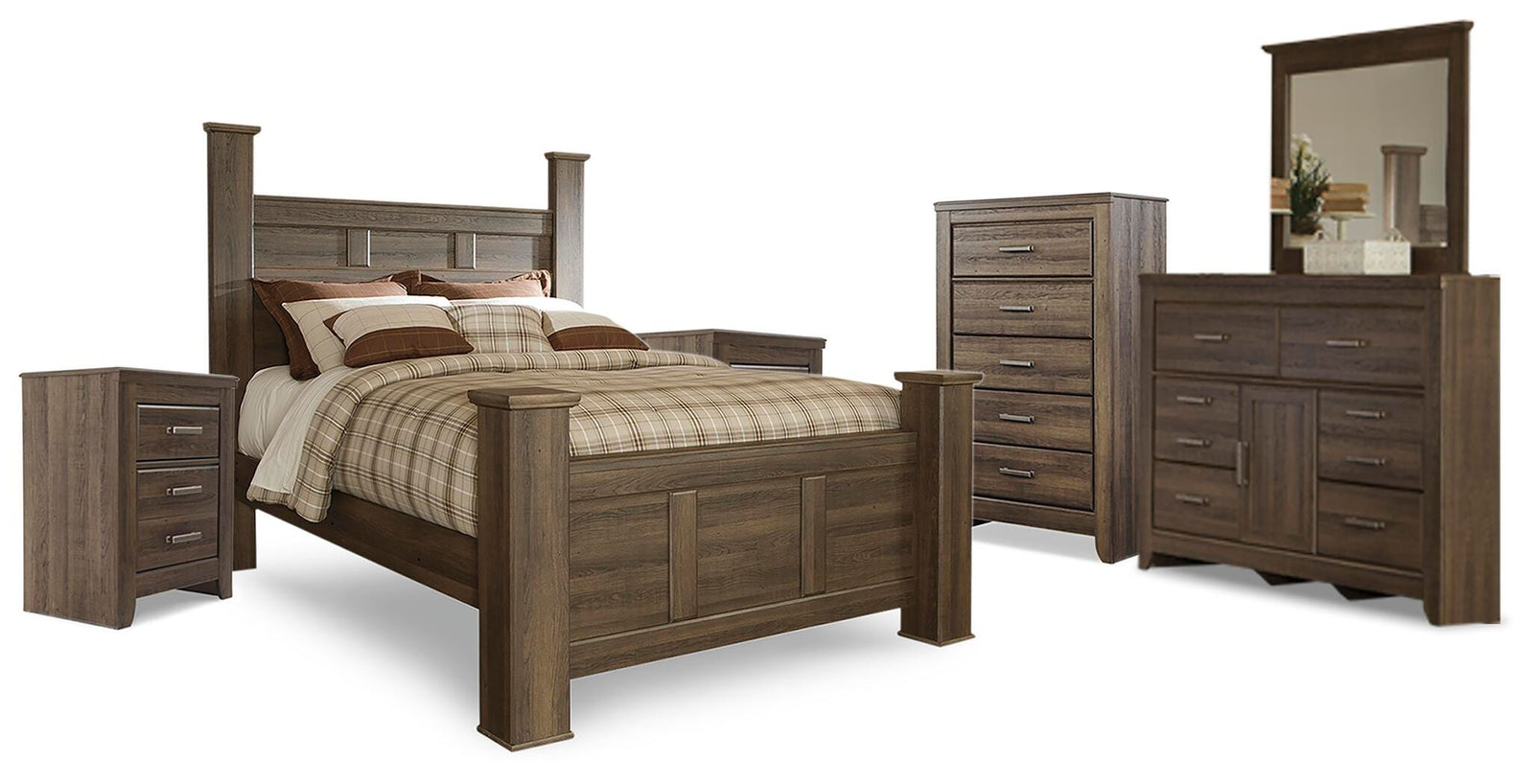 Juararo Poster Bed, Dresser, Mirror, Chest and 2 Nightstands - Dark Brown (B251-SI)
