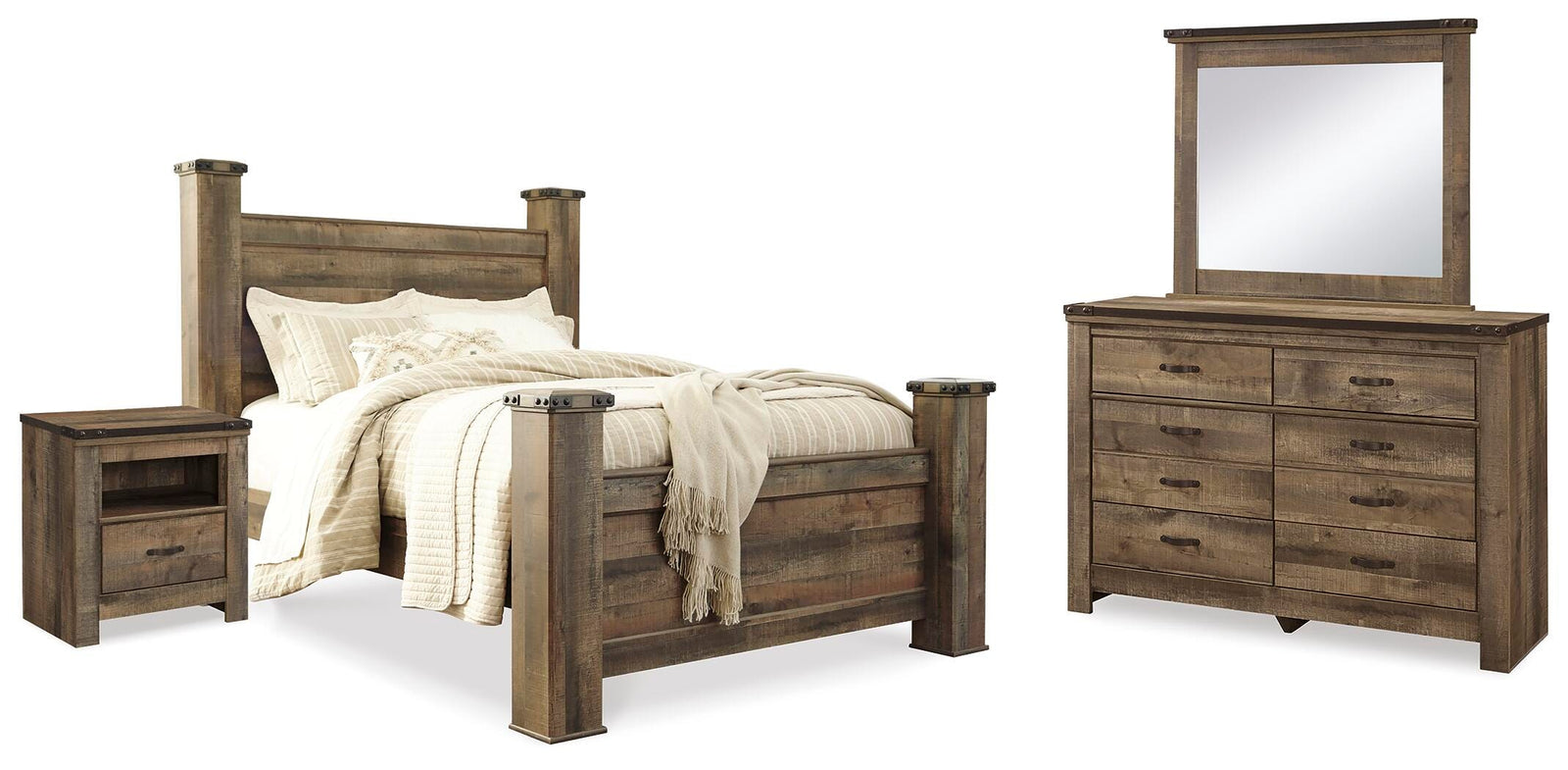 Trinell Poster Bed, Dresser, Mirror and Nightstand - Brown (B446-SI)