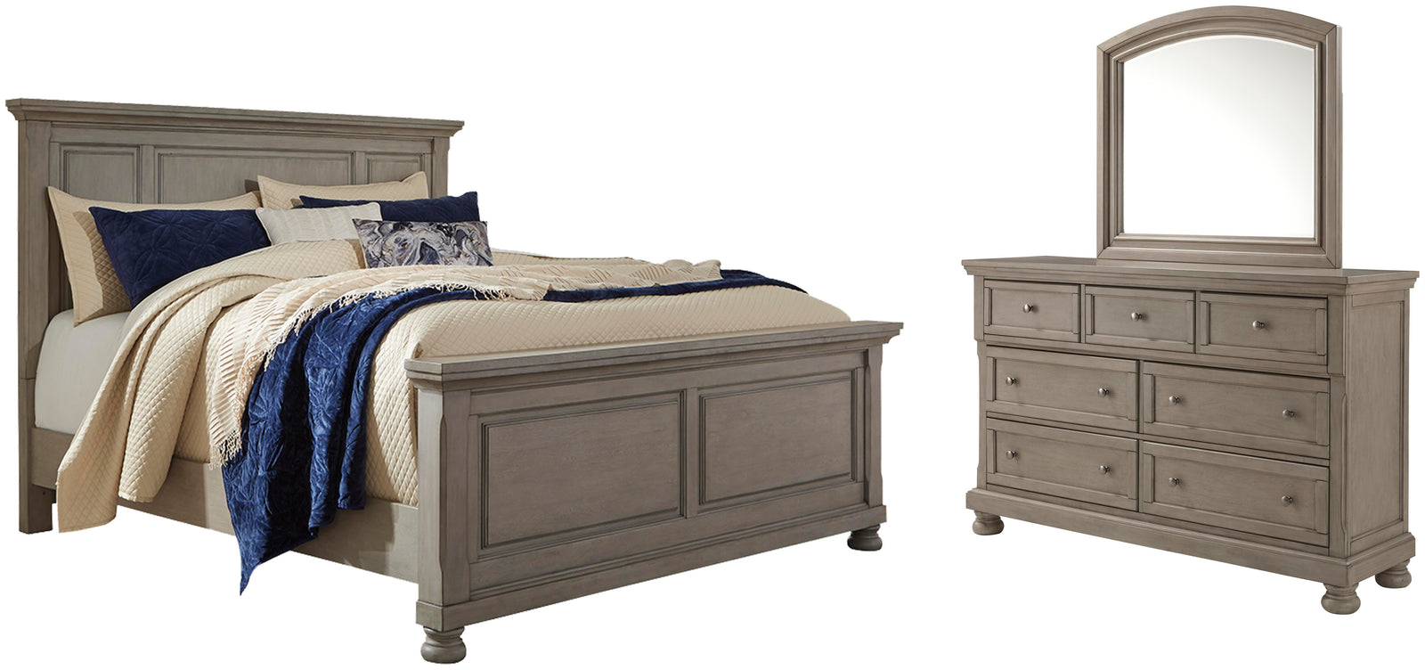 Lettner Panel Bed, Dresser and Mirror - Light Gray (B733-SI)