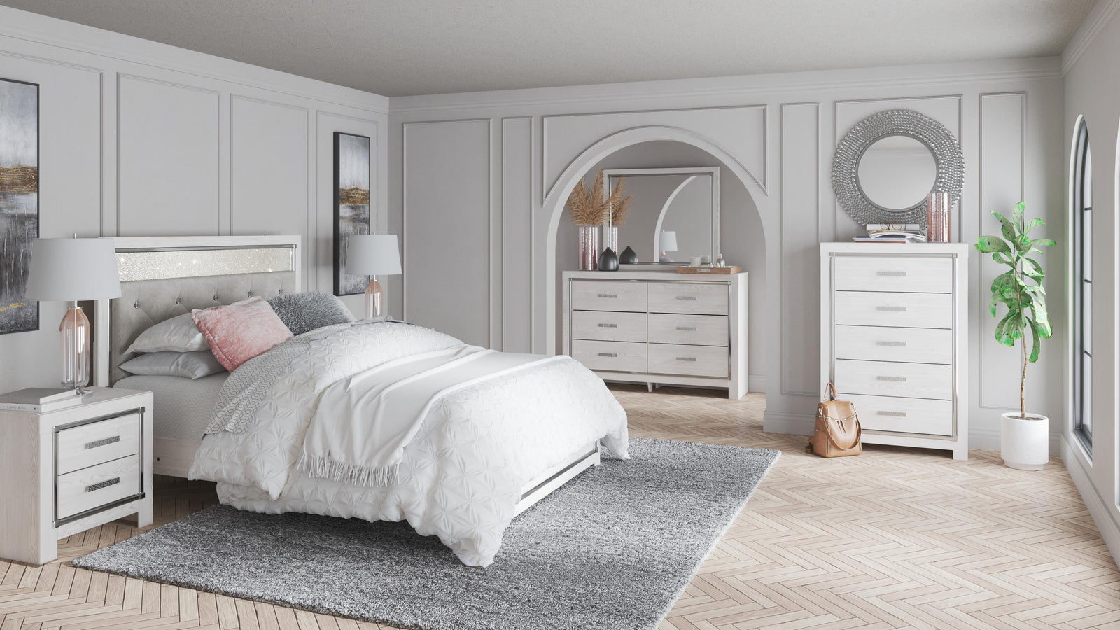 Altyra Upholstered Panel Bed, Dresser, Mirror, Chest and 2 Nightstands - White (B2640-SI) - Image 7