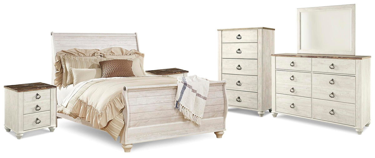 Willowton Sleigh Bed, 2 Dressers, Mirror, Chest and 2 Nightstands - Whitewash  (B267-SI)