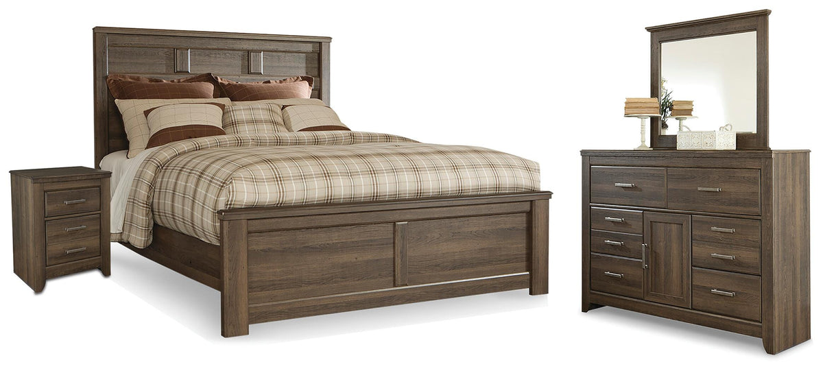 Juararo Panel Bed, Dresser, Mirror and Nightstand - Dark Brown  (B251-SI)