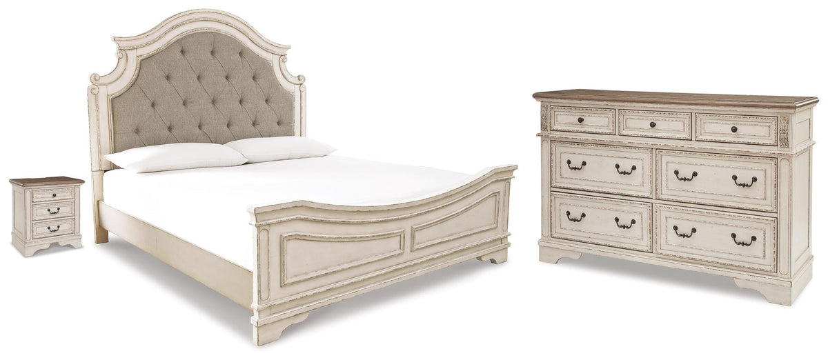 Realyn Upholstered Panel Bed, Dresser and Nightstand (B743-SI)