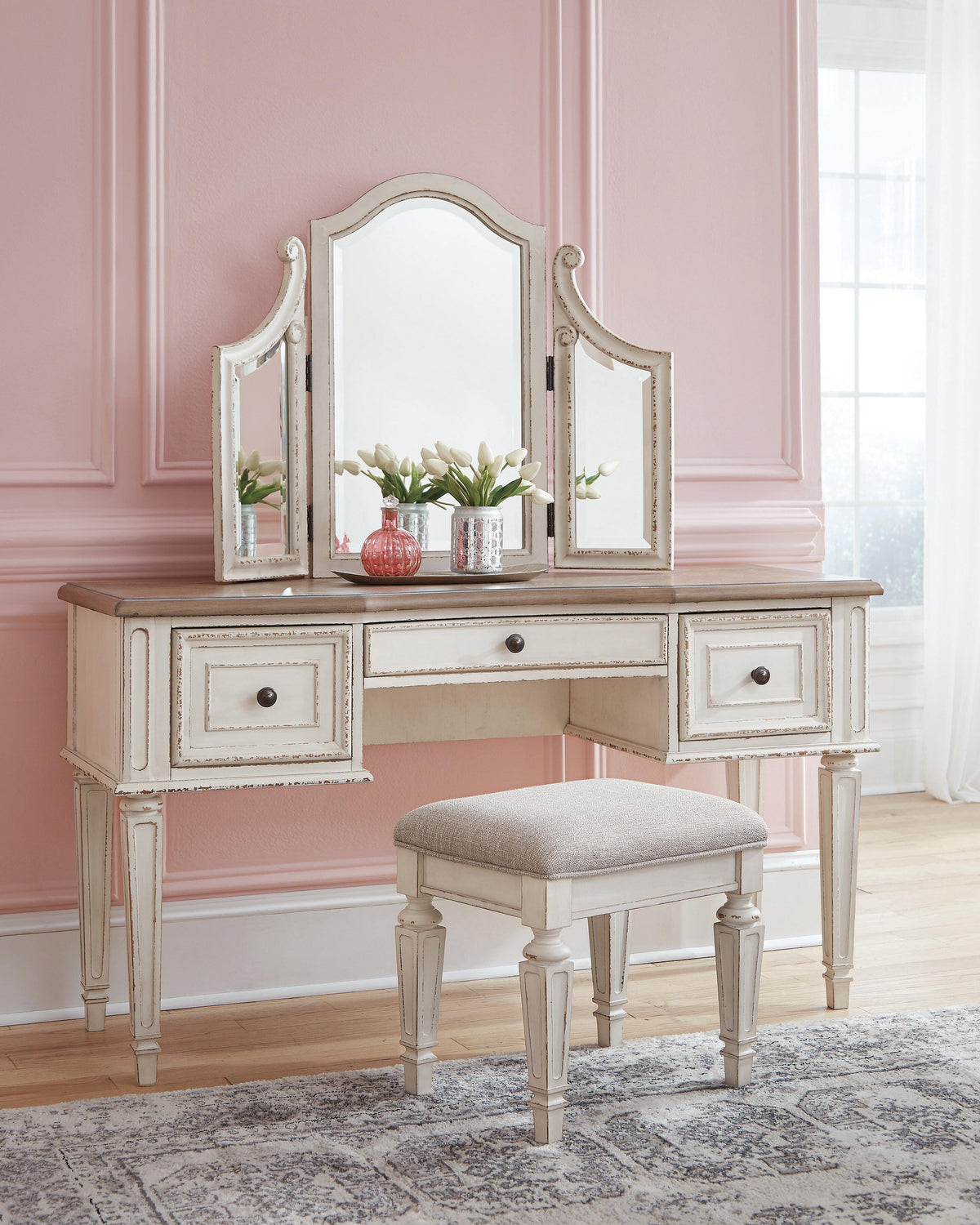 Realyn Panel Bed, Dresser, Mirror, Chest, Vanity and Nightstand - Two-tone  (B743-SI) - Image 12