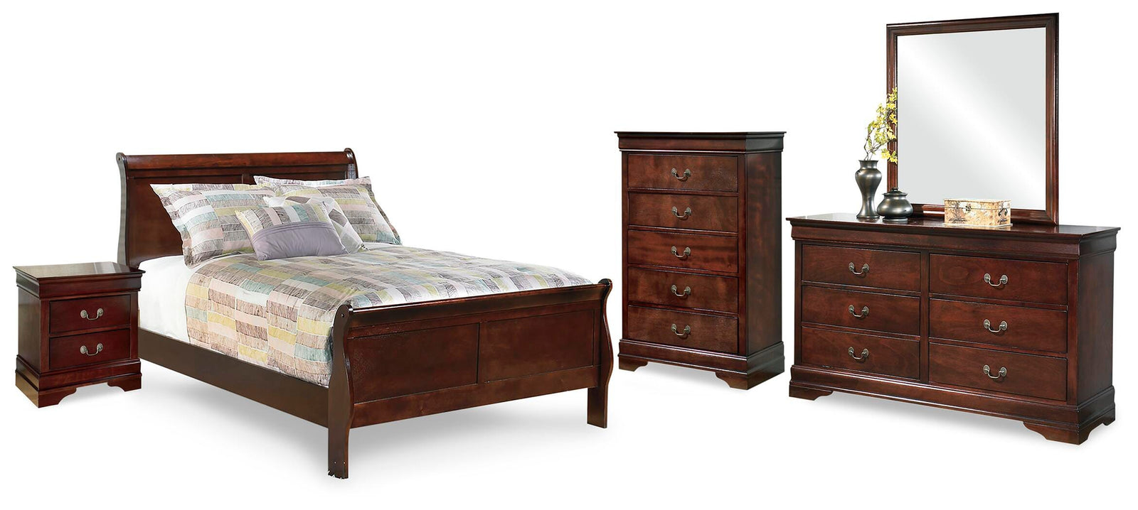 Alisdair Sleigh Bed, Dresser, Mirror, Chest and Nightstand - Reddish Brown  (B376-SI)