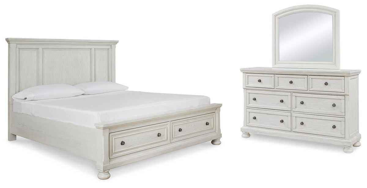 Robbinsdale Panel Storage Bed, Dresser and Mirror - Antique White  (B742-SI)