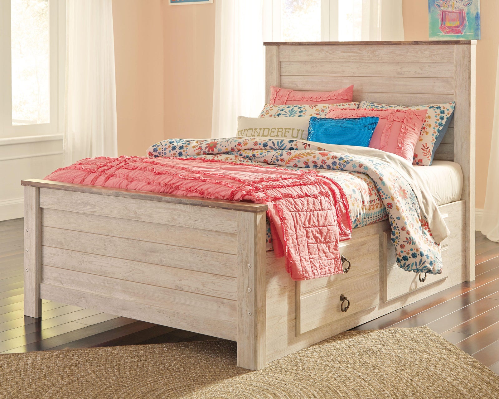 Willowton Panel Bed with Storage and Nightstand - Whitewash  (B267-SI) - Image 4