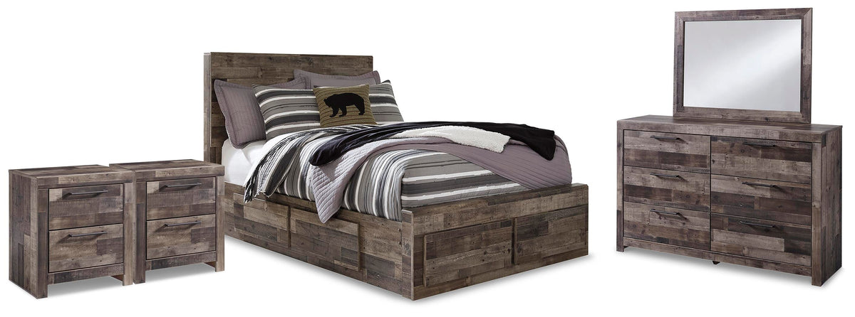 Derekson Panel Storage Bed, Dresser, Mirror and 2 Nightstands - Multi Gray  (B200-SI)