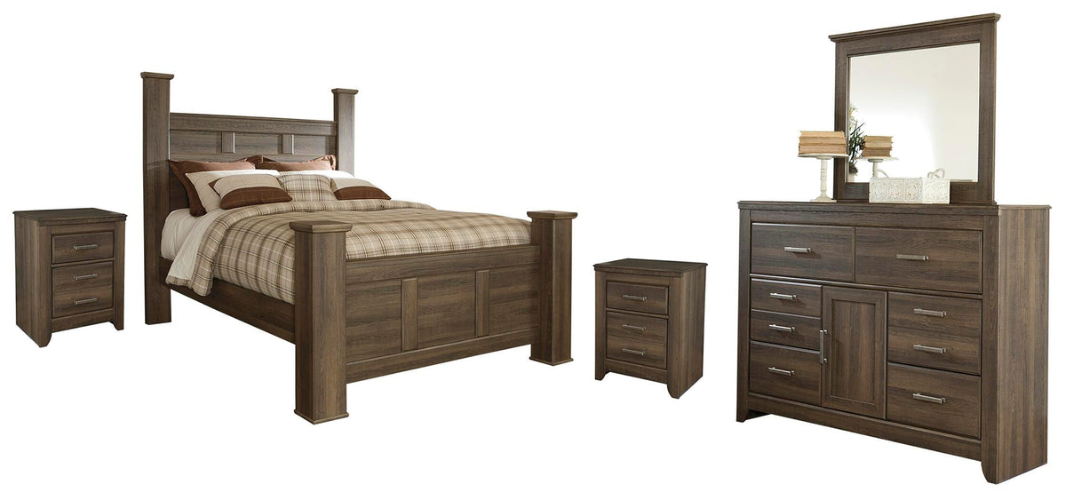 Juararo Poster Bed with Mirrored Dresser and 2 Nightstands - Dark Brown  (B251-SI)