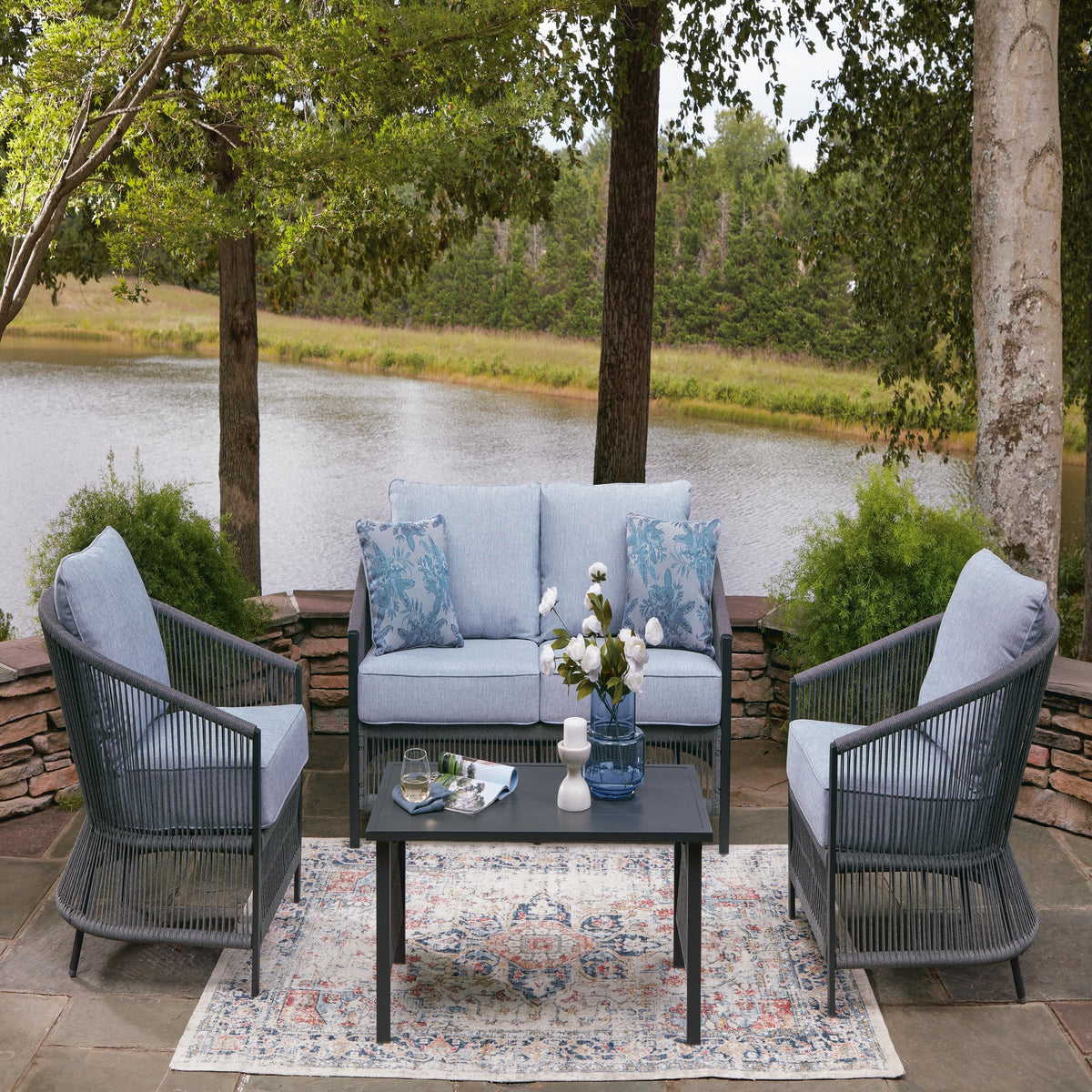 Bridges Beach Outdoor Love/Chairs/Table Set (Set of 4) (PCP391-SI) - Image 4