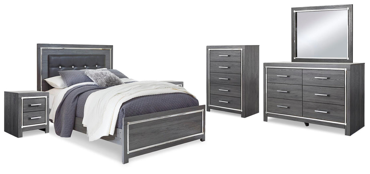 Lodanna Upholstered Panel Bed, Dresser, Mirror and 2 Nightstands - Gray  (B214-SI)