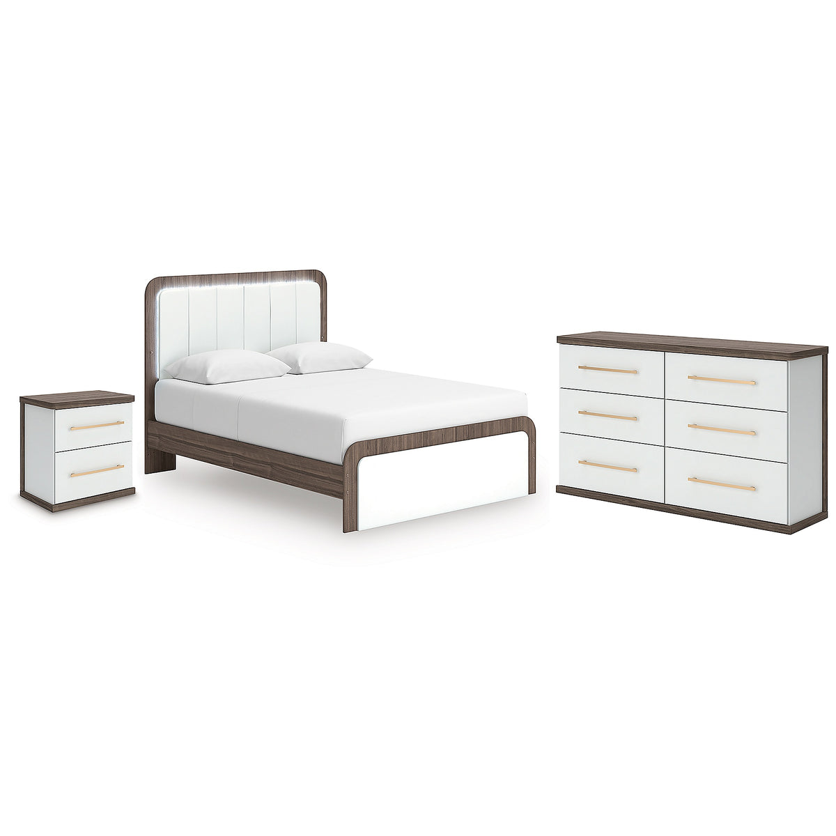 Kendanport Queen Upholstered Bed, Dresser and Nightstand (PCB1108-SI)