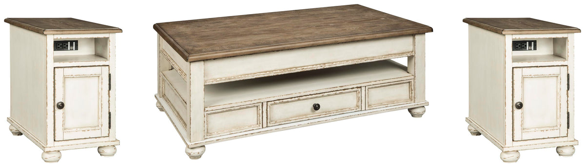 Realyn Coffee Table and 2 Chairside End Tables - White/Brown  (T523-SI)