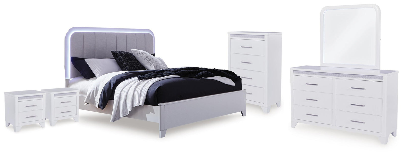 Jarlee Queen Upholstered Panel Bed, Dresser, Mirror, Chest and 2 Nightstands (PCB392-SI)