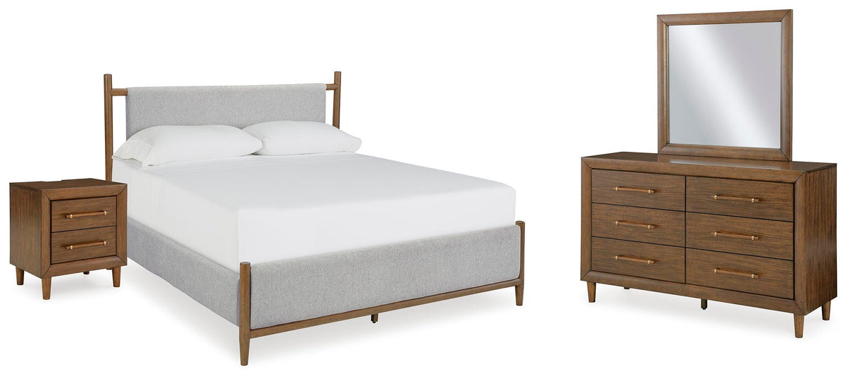 Lyncott Upholstered Bed, Dresser, Mirror and Nightstand - Brown  (B615-SI)