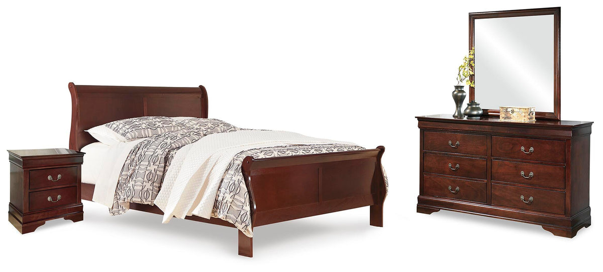 Alisdair Sleigh Bed, Dresser, Mirror, and Nightstand - Reddish Brown  (B376-SI)