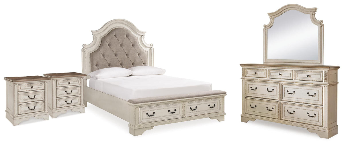 Realyn Panel Bed, Dresser, Mirror and 2 Nightstands - Two-tone  (B743-SI)
