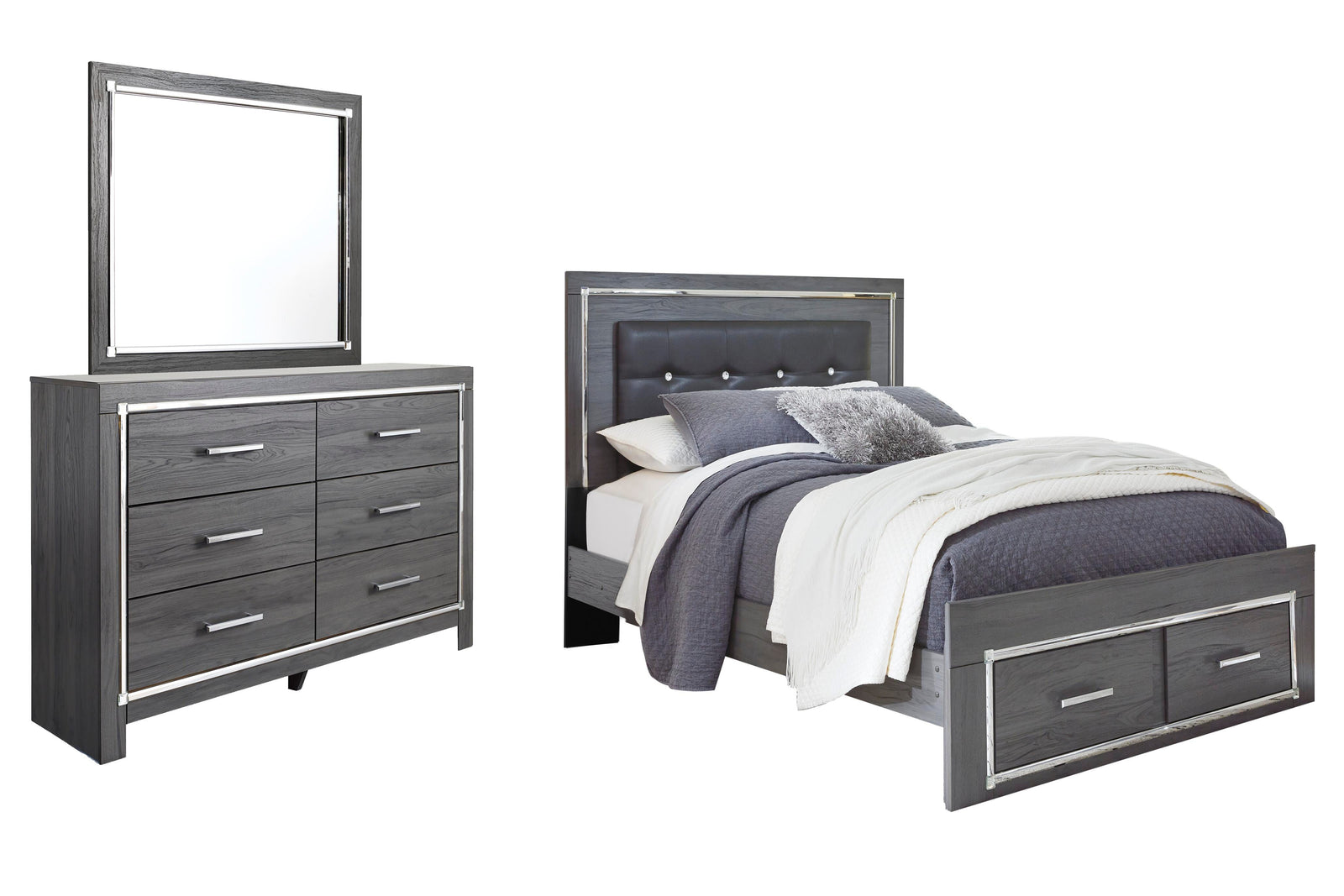 Lodanna Upholstered Panel Storage Bed, Dresser and Mirror (B214-SI)