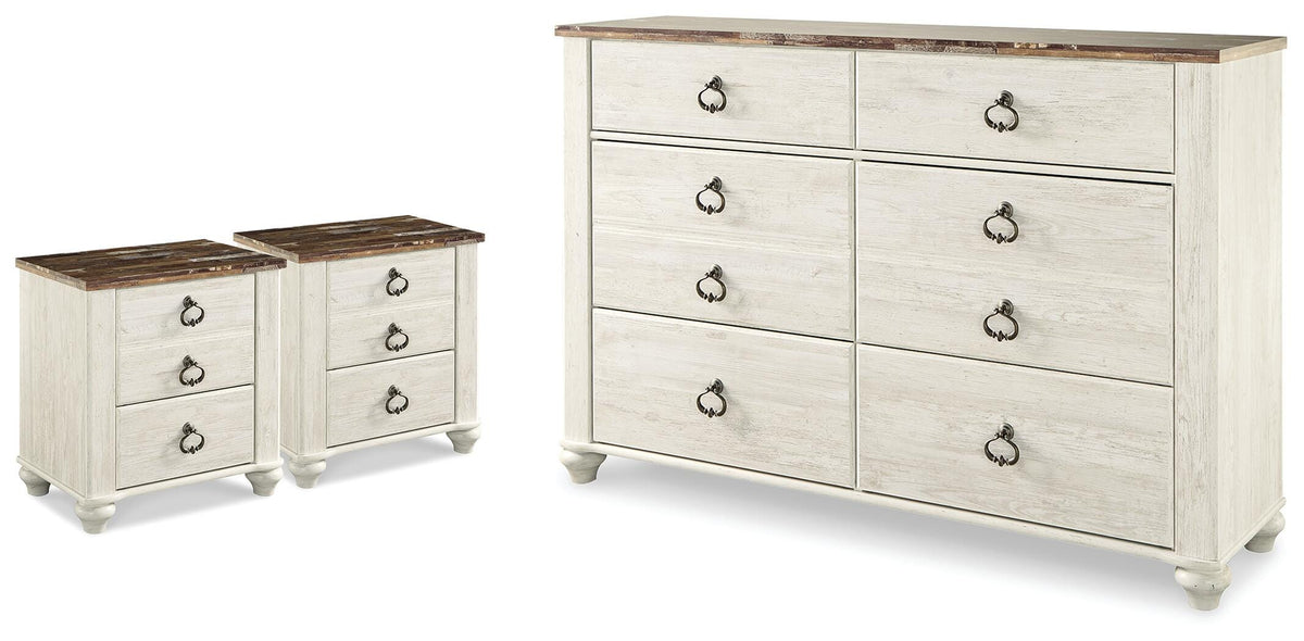 Willowton Dresser and 2 Nightstands - Whitewash  (B267-SI)