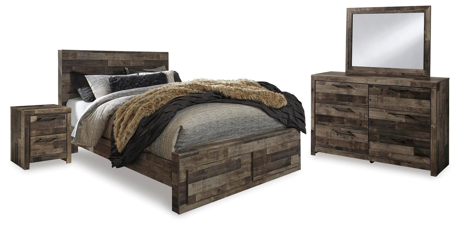 Derekson Panel Storage Bed, Dresser, Mirror and 2 Nightstands - Multi Gray  (B200-SI)