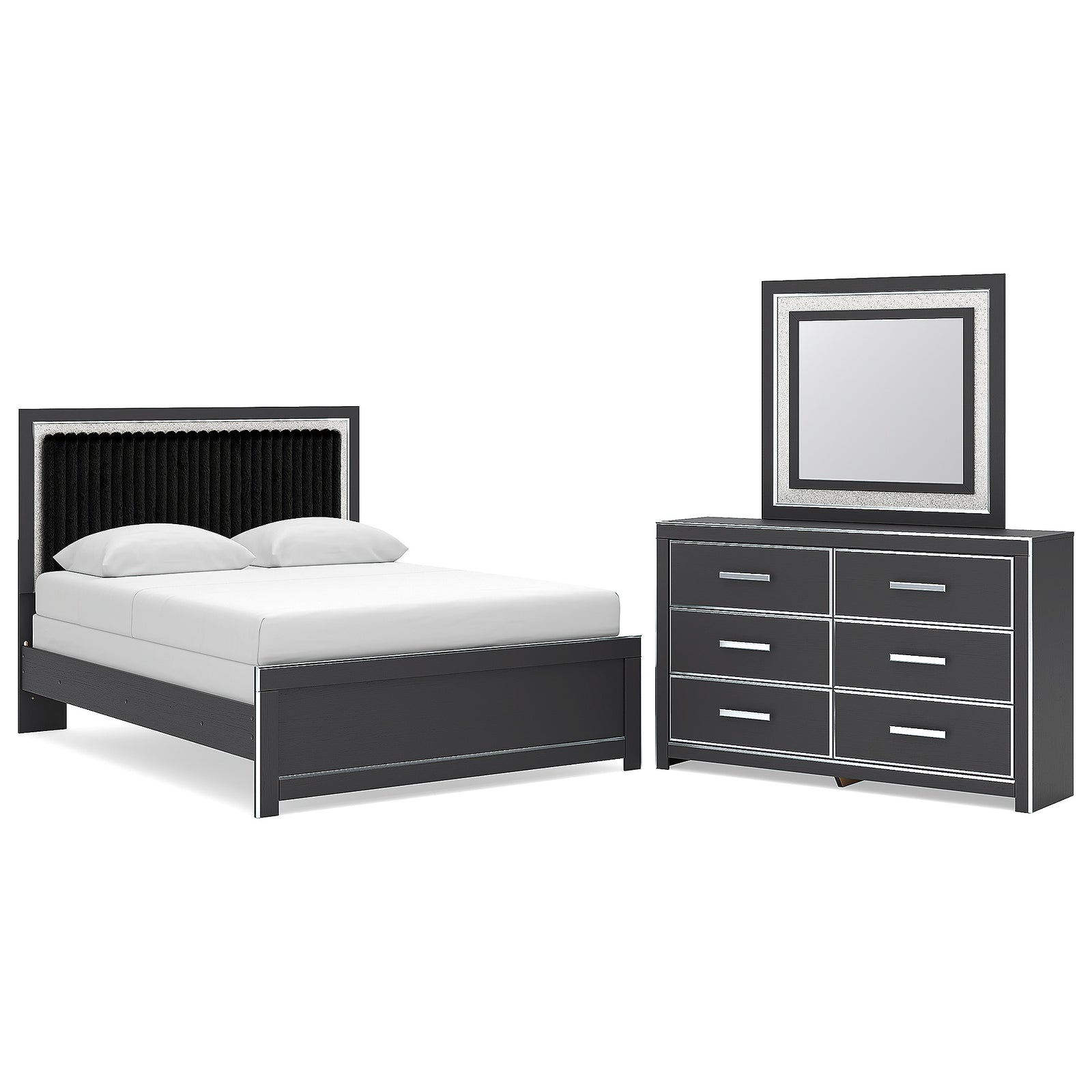 Zuraleus Queen Upholstered Panel Bed, Dresser and Mirror (PCB3380-SI)