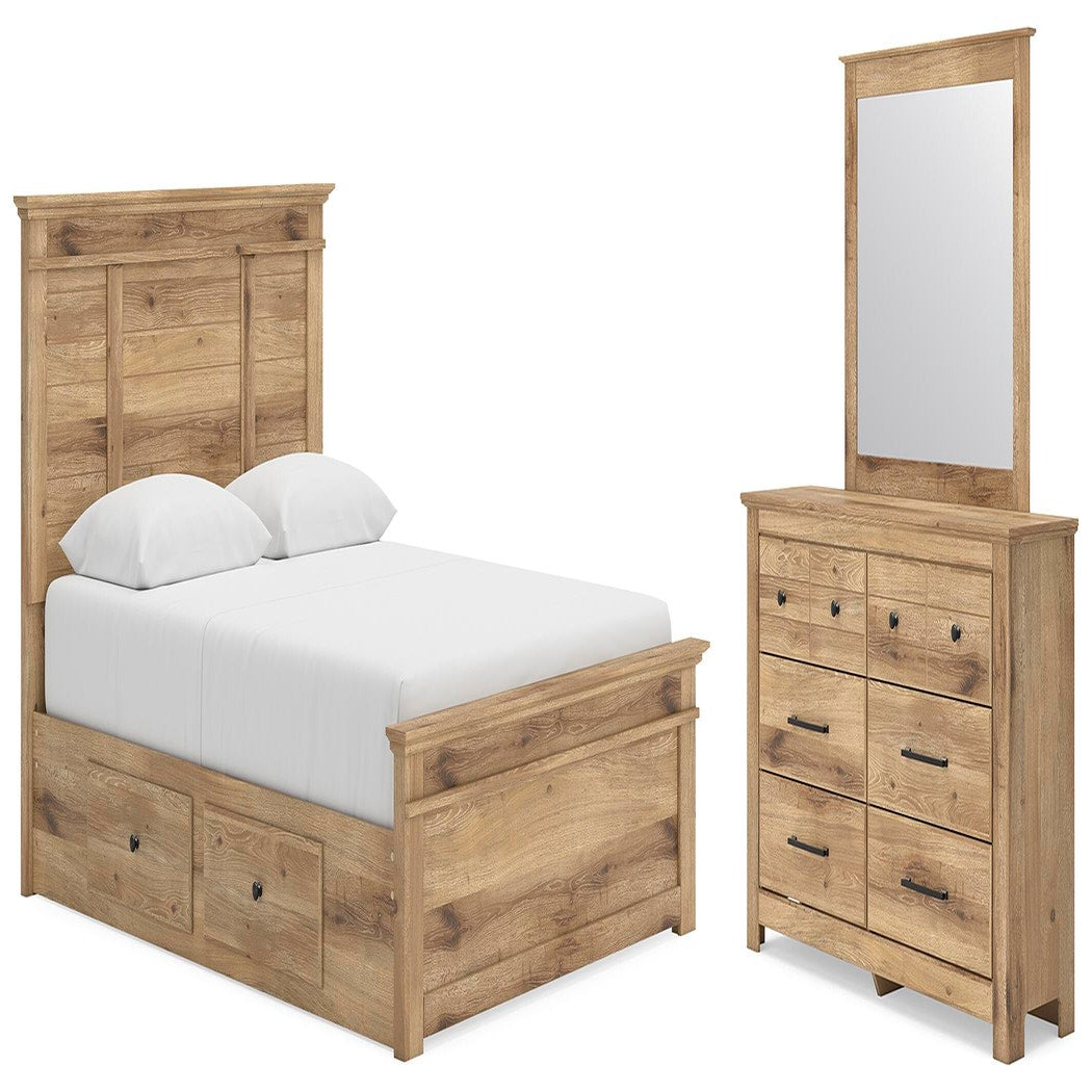Makidern Queen Panel Bed with Storage, Dresser and Mirror (PCB1170-SI)